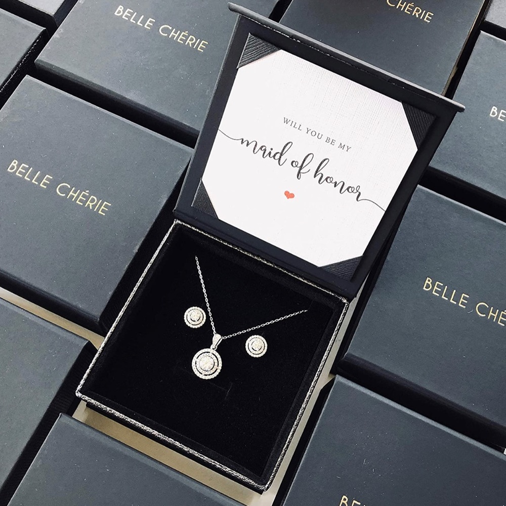 Belle Cherie Maid of Honor Proposal Gift Box  Necklace & Earrings Sterling CZ